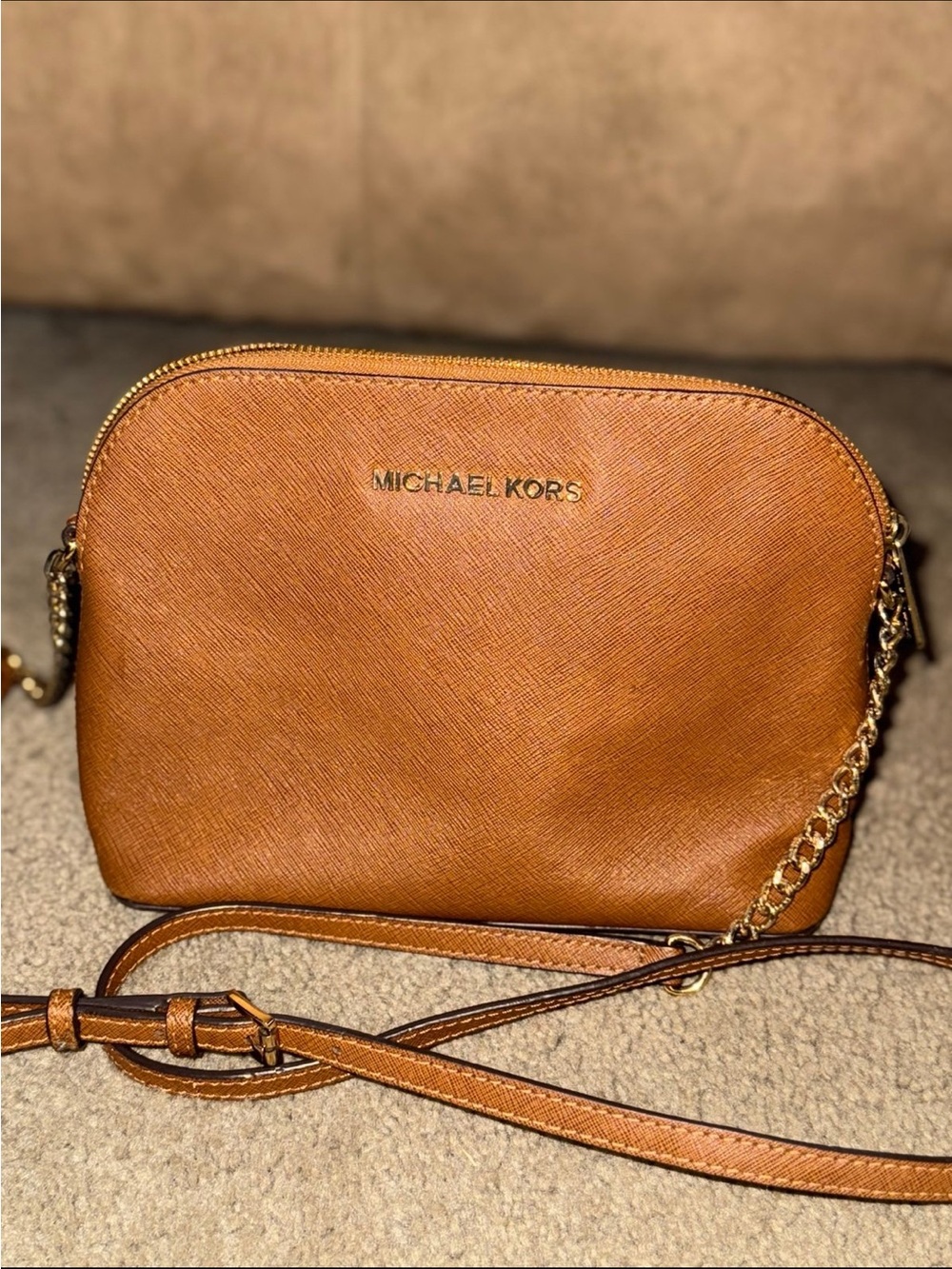 Michael Kors Saffiano Tan Crossbody with Gold Chain Detail